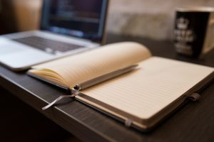 notebook, pen, laptop